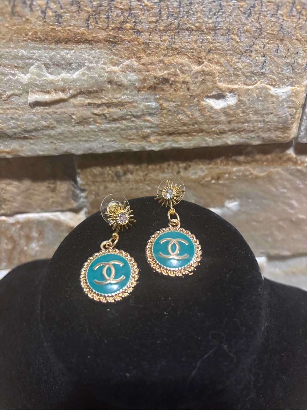 Gold-Tone Earrings with Turquoise Enamel CC Medallions
